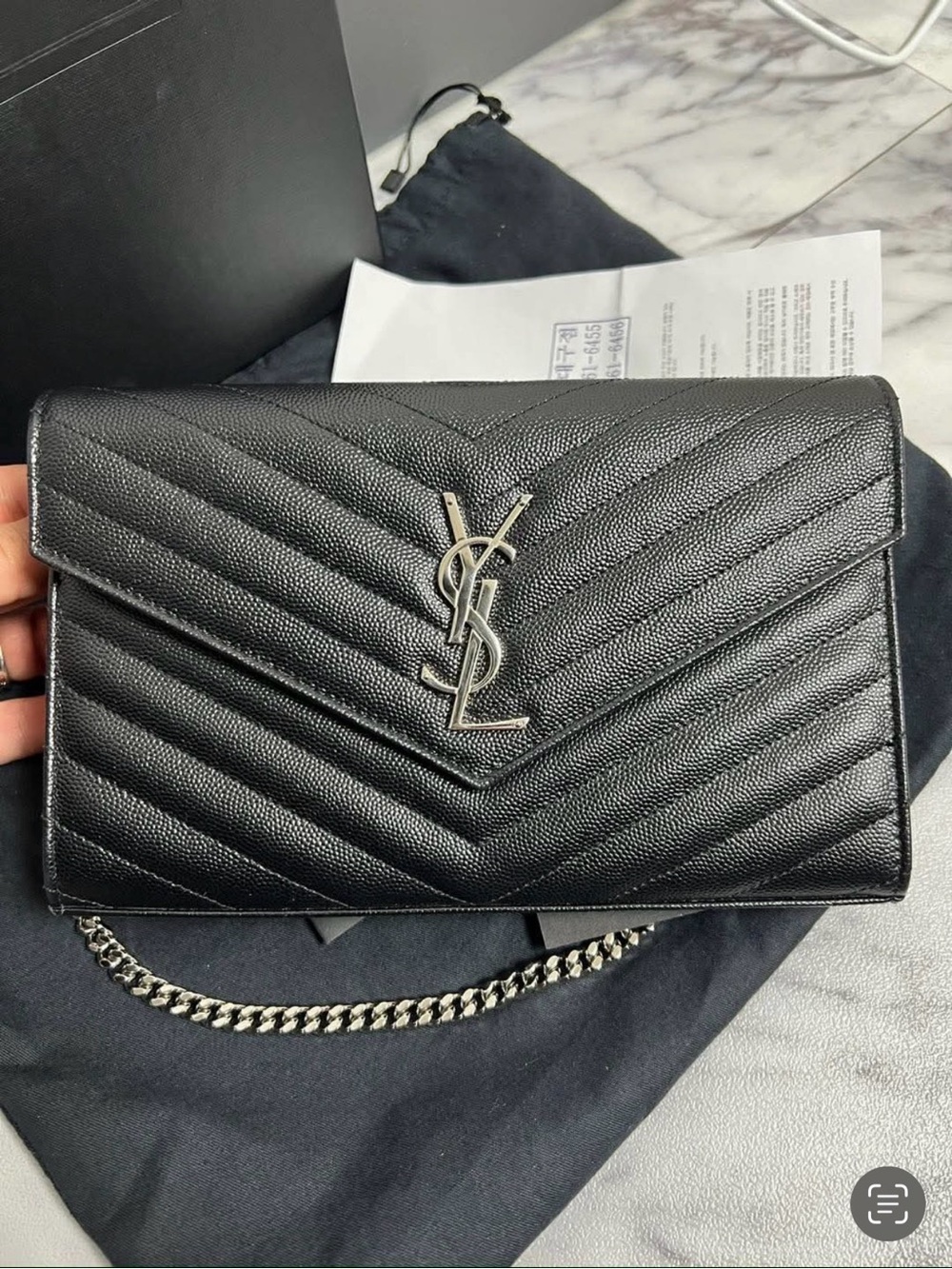 Saint Laurent Black Chevron Quilted Wallet-On-Chain with Silver YSL Monogram